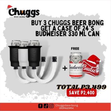 Chuggs Beer Bong and Budweiser Collaboration Promo - Buy 3 Chuggs Beer Bong, Get free 1 case Budweiser Cans