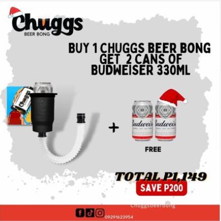 Chuggs Beer Bong and Budweiser Collaboration Promo - Buy 1 Chuggs Beer Bong, Get 2 free Budweiser Cans